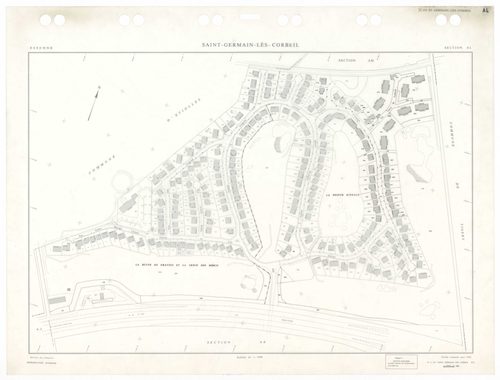 SAINT-GERMAIN-LES-CORBEIL, plans minutes de conservation : tableau d'assemblage,1938, Ech. 1/5000 ; plans des sections A2, B1, 1938, Ech. 1/2500, section B2, 1938, Ech. 1/1250, sections AB, AC, AD, AE, 1978, Ech. 1/1000, section ZA, 1988, Ech. 1/2000, sec