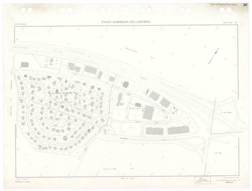 SAINT-GERMAIN-LES-CORBEIL, plans minutes de conservation : tableau d'assemblage,1938, Ech. 1/5000 ; plans des sections A2, B1, 1938, Ech. 1/2500, section B2, 1938, Ech. 1/1250, sections AB, AC, AD, AE, 1978, Ech. 1/1000, section ZA, 1988, Ech. 1/2000, sec