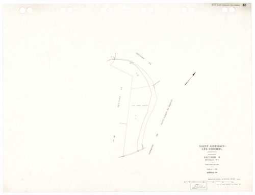 SAINT-GERMAIN-LES-CORBEIL, plans minutes de conservation : tableau d'assemblage,1938, Ech. 1/5000 ; plans des sections A2, B1, 1938, Ech. 1/2500, section B2, 1938, Ech. 1/1250, sections AB, AC, AD, AE, 1978, Ech. 1/1000, section ZA, 1988, Ech. 1/2000, sec