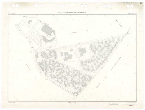 SAINT-GERMAIN-LES-CORBEIL, plans minutes de conservation : tableau d'assemblage,1938, Ech. 1/5000 ; plans des sections A2, B1, 1938, Ech. 1/2500, section B2, 1938, Ech. 1/1250, sections AB, AC, AD, AE, 1978, Ech. 1/1000, section ZA, 1988, Ech. 1/2000, sec