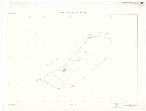 SAINT-GERMAIN-LES-CORBEIL, plans minutes de conservation : tableau d'assemblage,1938, Ech. 1/5000 ; plans des sections A2, B1, 1938, Ech. 1/2500, section B2, 1938, Ech. 1/1250, sections AB, AC, AD, AE, 1978, Ech. 1/1000, section ZA, 1988, Ech. 1/2000, sec