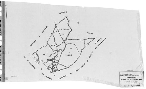 SAINT-GERMAIN-LES-CORBEIL. - Cadastre révisé pour 1938 : plan du tableau d'assemblage, plans de la section A Tremblay et Gravois 1ère feuille, idem 2ème , section B le Vieux Marché et les Près Hauts 1ère feuille, idem 2ème feuille ; cadastre renouvelé pou