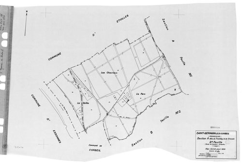 SAINT-GERMAIN-LES-CORBEIL. - Cadastre révisé pour 1938 : plan du tableau d'assemblage, plans de la section A Tremblay et Gravois 1ère feuille, idem 2ème , section B le Vieux Marché et les Près Hauts 1ère feuille, idem 2ème feuille ; cadastre renouvelé pou