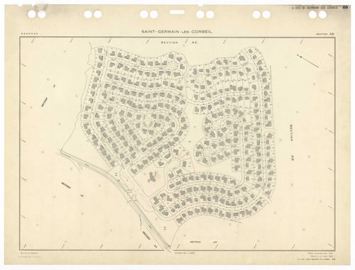 SAINT-GERMAIN-LES-CORBEIL, plans minutes de conservation : tableau d'assemblage,1938, Ech. 1/5000 ; plans des sections A2, B1, 1938, Ech. 1/2500, section B2, 1938, Ech. 1/1250, sections AB, AC, AD, AE, 1978, Ech. 1/1000, section ZA, 1988, Ech. 1/2000, sec