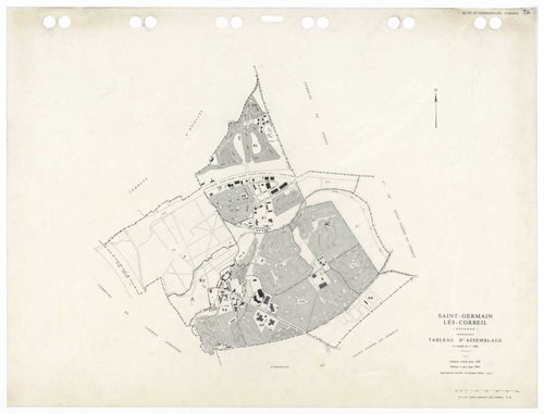 SAINT-GERMAIN-LES-CORBEIL, plans minutes de conservation : tableau d'assemblage,1938, Ech. 1/5000 ; plans des sections A2, B1, 1938, Ech. 1/2500, section B2, 1938, Ech. 1/1250, sections AB, AC, AD, AE, 1978, Ech. 1/1000, section ZA, 1988, Ech. 1/2000, sec