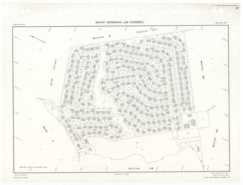 SAINT-GERMAIN-LES-CORBEIL, plans minutes de conservation : tableau d'assemblage,1938, Ech. 1/5000 ; plans des sections A2, B1, 1938, Ech. 1/2500, section B2, 1938, Ech. 1/1250, sections AB, AC, AD, AE, 1978, Ech. 1/1000, section ZA, 1988, Ech. 1/2000, sec