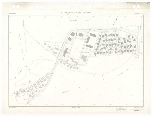 SAINT-GERMAIN-LES-CORBEIL, plans minutes de conservation : tableau d'assemblage,1938, Ech. 1/5000 ; plans des sections A2, B1, 1938, Ech. 1/2500, section B2, 1938, Ech. 1/1250, sections AB, AC, AD, AE, 1978, Ech. 1/1000, section ZA, 1988, Ech. 1/2000, sec