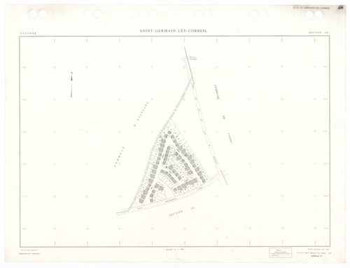 SAINT-GERMAIN-LES-CORBEIL, plans minutes de conservation : tableau d'assemblage,1938, Ech. 1/5000 ; plans des sections A2, B1, 1938, Ech. 1/2500, section B2, 1938, Ech. 1/1250, sections AB, AC, AD, AE, 1978, Ech. 1/1000, section ZA, 1988, Ech. 1/2000, sec