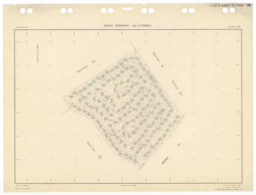 SAINT-GERMAIN-LES-CORBEIL, plans minutes de conservation : tableau d'assemblage,1938, Ech. 1/5000 ; plans des sections A2, B1, 1938, Ech. 1/2500, section B2, 1938, Ech. 1/1250, sections AB, AC, AD, AE, 1978, Ech. 1/1000, section ZA, 1988, Ech. 1/2000, sec