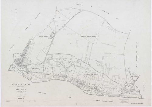 SAINT-HILAIRE, plans minutes de conservation : tableau d'assemblage, 1933, Ech. 1/10000 ; plans des sections A, B1, B2, 1933, Ech. 1/2500, sections ZA, ZB1, ZB2, 1959, Ech. 1/2000. Polyester. N et B. Dim. 105 x 80 cm [7 plans]. 