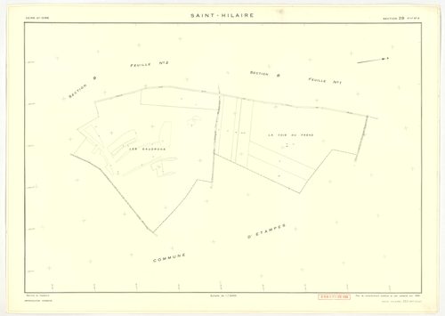 Plans minutes de conservation : SAINT-HILAIRE : tableau d'assemblage, ech. 1/10000 (1933-1968), sections A, B1, B2, ech. 1/2500 (1933), sections ZA, ZB1, ZB2, ech. 1/2000 (1959), NB, papier, 105x80 [7 plans] 