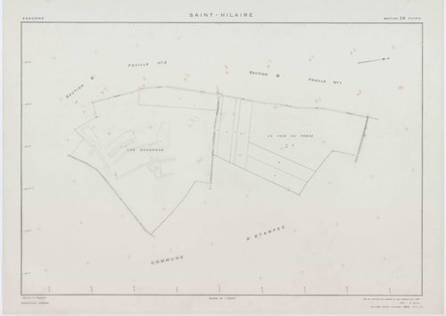 SAINT-HILAIRE, plans minutes de conservation : tableau d'assemblage, 1933, Ech. 1/10000 ; plans des sections A, B1, B2, 1933, Ech. 1/2500, sections ZA, ZB1, ZB2, 1959, Ech. 1/2000. Polyester. N et B. Dim. 105 x 80 cm [7 plans]. 