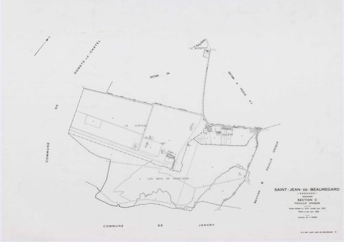 SAINT-JEAN-DE-BEAUREGARD, plans minutes de conservation : tableau d'assemblage,1932, Ech. 1/10000 ; plans des sections A1, 1932, Ech. 1/1250, sections A2, B,C, 1932, Ech. 1/2500,section ZA, 1984, Ech. 1/2000. Polyester. N et B. Dim. 105 x 80 cm [6 plans].