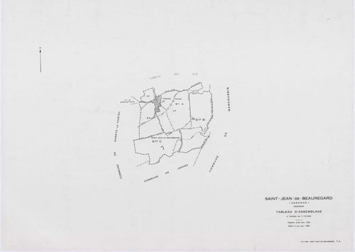 SAINT-JEAN-DE-BEAUREGARD, plans minutes de conservation : tableau d'assemblage,1932, Ech. 1/10000 ; plans des sections A1, 1932, Ech. 1/1250, sections A2, B,C, 1932, Ech. 1/2500,section ZA, 1984, Ech. 1/2000. Polyester. N et B. Dim. 105 x 80 cm [6 plans].