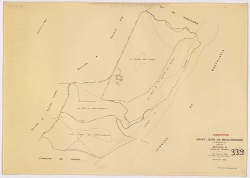 SAINT-JEAN-DE-BEAUREGARD. - Cadastre révisé pour 1932, à jour pour 1976 (2ème édition) : plans du tableau d'assemblage, des sections A (feuilles 1-2), B et C ; plan révisé pour 1932, à jour pour 1983 (3ème édition) : plans de la section A (feuilles 1-2) ;