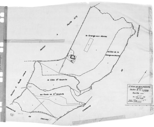 SAINT-JEAN-DE-BEAUREGARD . - Cadastre révisé pour 1932 : plan du tableau d'assemblage, plans de la section A Villeziers 1ère feuille, idem 2ème feuille, section B la Grange aux Moines, section C le Village, [5 plans]. 