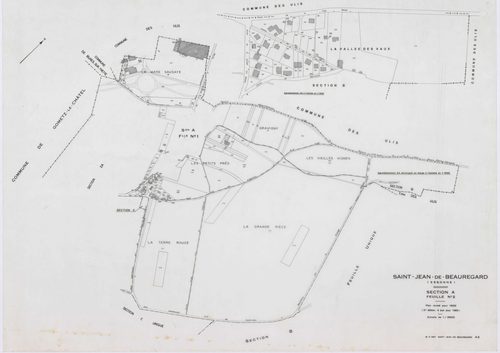 SAINT-JEAN-DE-BEAUREGARD, plans minutes de conservation : tableau d'assemblage,1932, Ech. 1/10000 ; plans des sections A1, 1932, Ech. 1/1250, sections A2, B,C, 1932, Ech. 1/2500,section ZA, 1984, Ech. 1/2000. Polyester. N et B. Dim. 105 x 80 cm [6 plans].