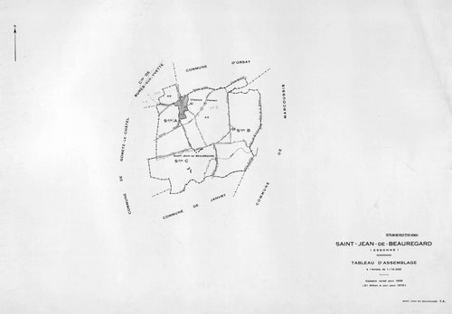 SAINT-JEAN-DE-BEAUREGARD. - Cadastre révisé pour 1932, à jour pour 1976 (2ème édition) : plans du tableau d'assemblage, des sections A (feuilles 1-2), B et C ; plan révisé pour 1932, à jour pour 1983 (3ème édition) : plans de la section A (feuilles 1-2) ;