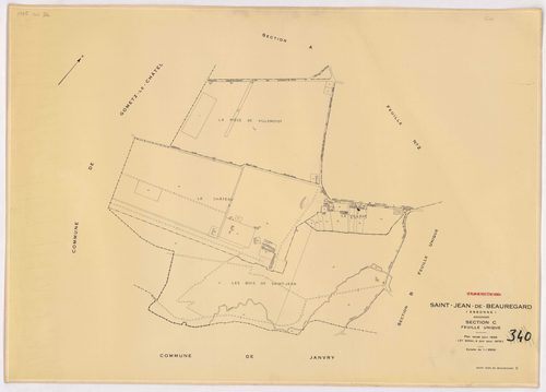 SAINT-JEAN-DE-BEAUREGARD. - Cadastre révisé pour 1932, à jour pour 1976 (2ème édition) : plans du tableau d'assemblage, des sections A (feuilles 1-2), B et C ; plan révisé pour 1932, à jour pour 1983 (3ème édition) : plans de la section A (feuilles 1-2) ;