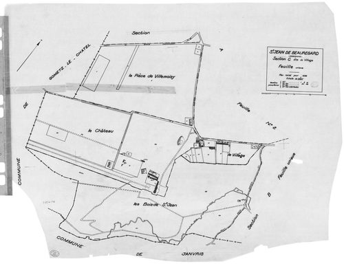 SAINT-JEAN-DE-BEAUREGARD . - Cadastre révisé pour 1932 : plan du tableau d'assemblage, plans de la section A Villeziers 1ère feuille, idem 2ème feuille, section B la Grange aux Moines, section C le Village, [5 plans]. 