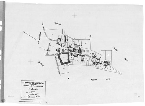 SAINT-JEAN-DE-BEAUREGARD . - Cadastre révisé pour 1932 : plan du tableau d'assemblage, plans de la section A Villeziers 1ère feuille, idem 2ème feuille, section B la Grange aux Moines, section C le Village, [5 plans]. 