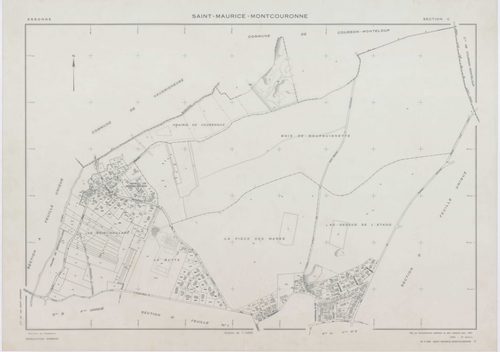 SAINT-MAURICE-MONTCOURONNE, plans minutes de conservation : tableau d'assemblage, 1954, Ech. 1/10000 ; plans des sections A, B, C, D, E, F, G1, G2, H1, H2, 1954, Ech. 1/2000. Polyester. N et B. Dim. 105 x 80 cm [11 plans]. 