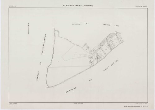 SAINT-MAURICE-MONTCOURONNE, plans minutes de conservation : tableau d'assemblage, 1954, Ech. 1/10000 ; plans des sections A, B, C, D, E, F, G1, G2, H1, H2, 1954, Ech. 1/2000. Polyester. N et B. Dim. 105 x 80 cm [11 plans]. 
