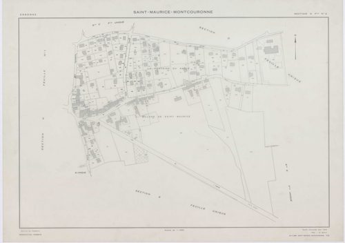 SAINT-MAURICE-MONTCOURONNE, plans minutes de conservation : tableau d'assemblage, 1954, Ech. 1/10000 ; plans des sections A, B, C, D, E, F, G1, G2, H1, H2, 1954, Ech. 1/2000. Polyester. N et B. Dim. 105 x 80 cm [11 plans]. 