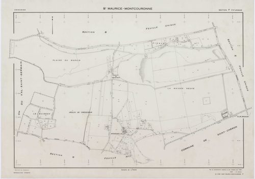 SAINT-MAURICE-MONTCOURONNE, plans minutes de conservation : tableau d'assemblage, 1954, Ech. 1/10000 ; plans des sections A, B, C, D, E, F, G1, G2, H1, H2, 1954, Ech. 1/2000. Polyester. N et B. Dim. 105 x 80 cm [11 plans]. 