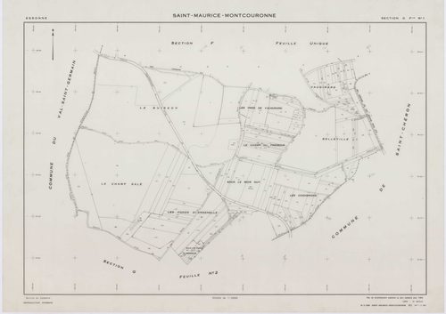 SAINT-MAURICE-MONTCOURONNE, plans minutes de conservation : tableau d'assemblage, 1954, Ech. 1/10000 ; plans des sections A, B, C, D, E, F, G1, G2, H1, H2, 1954, Ech. 1/2000. Polyester. N et B. Dim. 105 x 80 cm [11 plans]. 