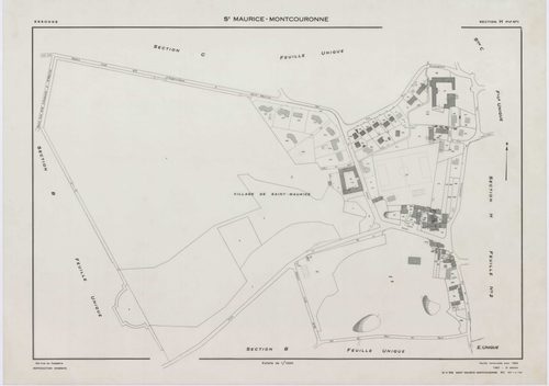 SAINT-MAURICE-MONTCOURONNE, plans minutes de conservation : tableau d'assemblage, 1954, Ech. 1/10000 ; plans des sections A, B, C, D, E, F, G1, G2, H1, H2, 1954, Ech. 1/2000. Polyester. N et B. Dim. 105 x 80 cm [11 plans]. 