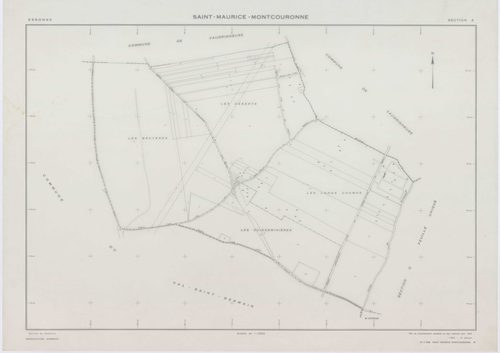 SAINT-MAURICE-MONTCOURONNE, plans minutes de conservation : tableau d'assemblage, 1954, Ech. 1/10000 ; plans des sections A, B, C, D, E, F, G1, G2, H1, H2, 1954, Ech. 1/2000. Polyester. N et B. Dim. 105 x 80 cm [11 plans]. 