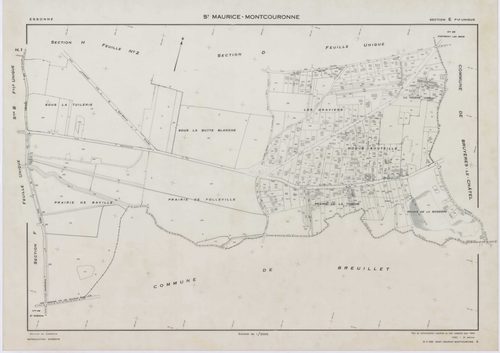 SAINT-MAURICE-MONTCOURONNE, plans minutes de conservation : tableau d'assemblage, 1954, Ech. 1/10000 ; plans des sections A, B, C, D, E, F, G1, G2, H1, H2, 1954, Ech. 1/2000. Polyester. N et B. Dim. 105 x 80 cm [11 plans]. 