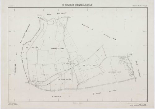 SAINT-MAURICE-MONTCOURONNE, plans minutes de conservation : tableau d'assemblage, 1954, Ech. 1/10000 ; plans des sections A, B, C, D, E, F, G1, G2, H1, H2, 1954, Ech. 1/2000. Polyester. N et B. Dim. 105 x 80 cm [11 plans]. 