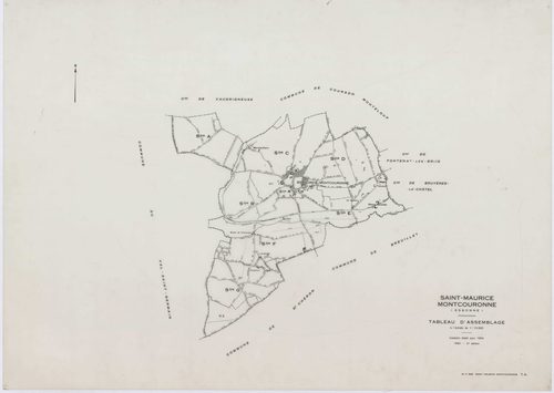 SAINT-MAURICE-MONTCOURONNE, plans minutes de conservation : tableau d'assemblage, 1954, Ech. 1/10000 ; plans des sections A, B, C, D, E, F, G1, G2, H1, H2, 1954, Ech. 1/2000. Polyester. N et B. Dim. 105 x 80 cm [11 plans]. 
