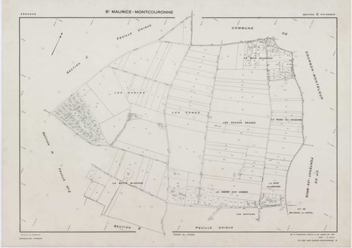 SAINT-MAURICE-MONTCOURONNE, plans minutes de conservation : tableau d'assemblage, 1954, Ech. 1/10000 ; plans des sections A, B, C, D, E, F, G1, G2, H1, H2, 1954, Ech. 1/2000. Polyester. N et B. Dim. 105 x 80 cm [11 plans]. 