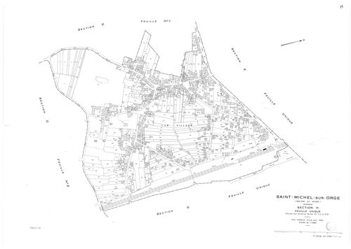 SAINT-MICHEL-SUR-ORGE. - Cadastre révisé pour 1950 : plan du tableau d'assemblage, plans de la section A, section B, section C 1ère feuille, idem 2ème feuille, section D 1ère feuille, idem 2ème feuille, section E, section F, section G, section H ; cadastr