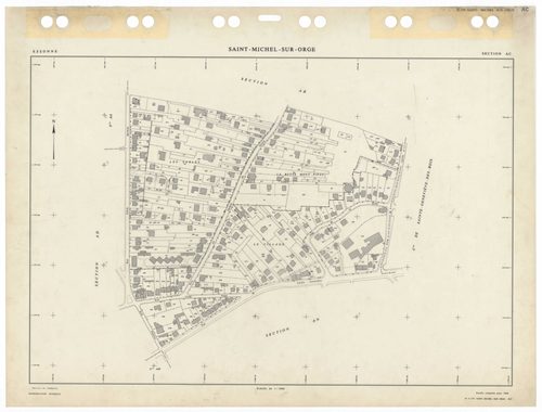 SAINT-MICHEL-SUR-ORGE, plans minutes de conservation : tableau d'assemblage,1986, Ech. 1/5000 ; plans des sections AA, AB, AC, AD, AE, AH, AI, AK, AL, AM, AN, AO, AP, AR, AS, AT, AV, AW, 1986, Ech. 1/1000. Polyester. N et B. Dim. 105 x 80 cm [19 plans]. 