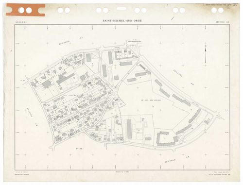 SAINT-MICHEL-SUR-ORGE, plans minutes de conservation : tableau d'assemblage,1986, Ech. 1/5000 ; plans des sections AA, AB, AC, AD, AE, AH, AI, AK, AL, AM, AN, AO, AP, AR, AS, AT, AV, AW, 1986, Ech. 1/1000. Polyester. N et B. Dim. 105 x 80 cm [19 plans]. 