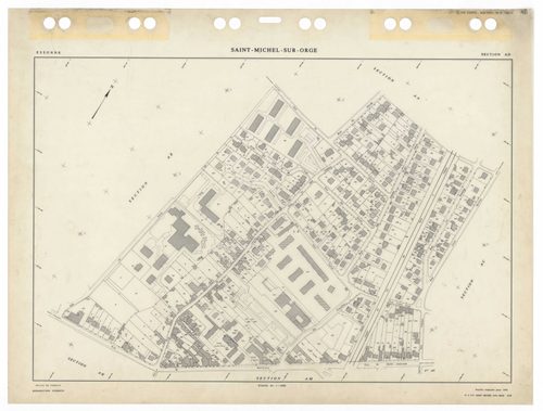 SAINT-MICHEL-SUR-ORGE, plans minutes de conservation : tableau d'assemblage,1986, Ech. 1/5000 ; plans des sections AA, AB, AC, AD, AE, AH, AI, AK, AL, AM, AN, AO, AP, AR, AS, AT, AV, AW, 1986, Ech. 1/1000. Polyester. N et B. Dim. 105 x 80 cm [19 plans]. 
