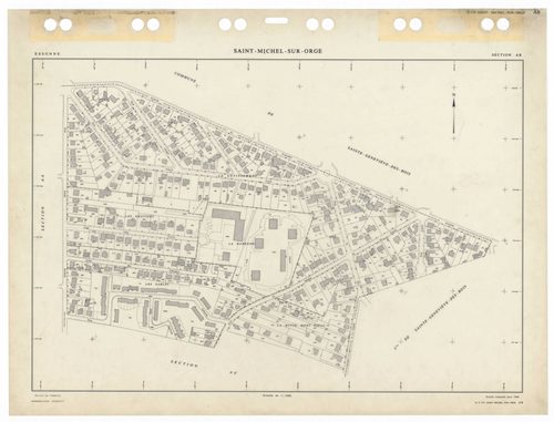 SAINT-MICHEL-SUR-ORGE, plans minutes de conservation : tableau d'assemblage,1986, Ech. 1/5000 ; plans des sections AA, AB, AC, AD, AE, AH, AI, AK, AL, AM, AN, AO, AP, AR, AS, AT, AV, AW, 1986, Ech. 1/1000. Polyester. N et B. Dim. 105 x 80 cm [19 plans]. 