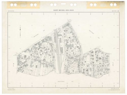 SAINT-MICHEL-SUR-ORGE, plans minutes de conservation : tableau d'assemblage,1986, Ech. 1/5000 ; plans des sections AA, AB, AC, AD, AE, AH, AI, AK, AL, AM, AN, AO, AP, AR, AS, AT, AV, AW, 1986, Ech. 1/1000. Polyester. N et B. Dim. 105 x 80 cm [19 plans]. 