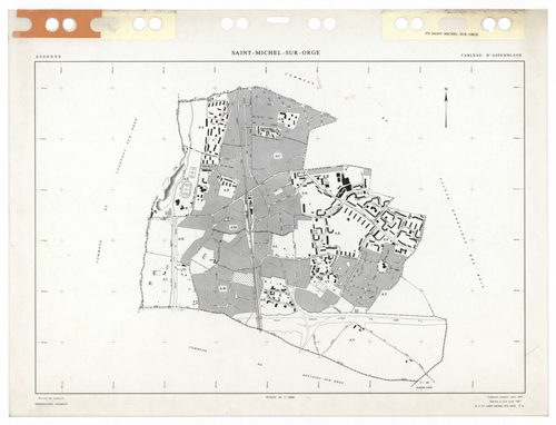 SAINT-MICHEL-SUR-ORGE, plans minutes de conservation : tableau d'assemblage,1986, Ech. 1/5000 ; plans des sections AA, AB, AC, AD, AE, AH, AI, AK, AL, AM, AN, AO, AP, AR, AS, AT, AV, AW, 1986, Ech. 1/1000. Polyester. N et B. Dim. 105 x 80 cm [19 plans]. 