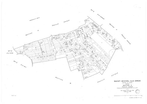 SAINT-MICHEL-SUR-ORGE. - Cadastre révisé pour 1950 : plan du tableau d'assemblage, plans de la section A, section B, section C 1ère feuille, idem 2ème feuille, section D 1ère feuille, idem 2ème feuille, section E, section F, section G, section H ; cadastr