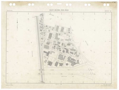 SAINT-MICHEL-SUR-ORGE, plans minutes de conservation : tableau d'assemblage,1986, Ech. 1/5000 ; plans des sections AA, AB, AC, AD, AE, AH, AI, AK, AL, AM, AN, AO, AP, AR, AS, AT, AV, AW, 1986, Ech. 1/1000. Polyester. N et B. Dim. 105 x 80 cm [19 plans]. 