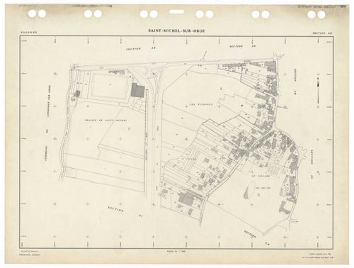 SAINT-MICHEL-SUR-ORGE, plans minutes de conservation : tableau d'assemblage,1986, Ech. 1/5000 ; plans des sections AA, AB, AC, AD, AE, AH, AI, AK, AL, AM, AN, AO, AP, AR, AS, AT, AV, AW, 1986, Ech. 1/1000. Polyester. N et B. Dim. 105 x 80 cm [19 plans]. 