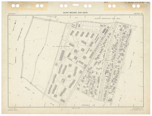 SAINT-MICHEL-SUR-ORGE, plans minutes de conservation : tableau d'assemblage,1986, Ech. 1/5000 ; plans des sections AA, AB, AC, AD, AE, AH, AI, AK, AL, AM, AN, AO, AP, AR, AS, AT, AV, AW, 1986, Ech. 1/1000. Polyester. N et B. Dim. 105 x 80 cm [19 plans]. 