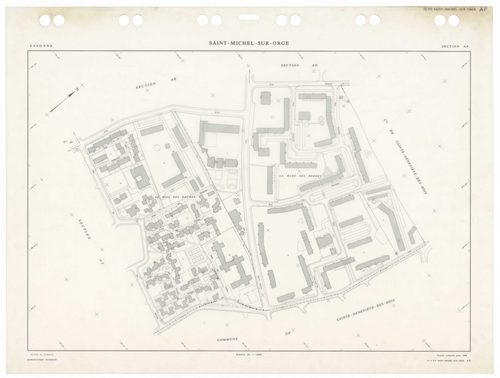 SAINT-MICHEL-SUR-ORGE, plans minutes de conservation : tableau d'assemblage,1986, Ech. 1/5000 ; plans des sections AA, AB, AC, AD, AE, AH, AI, AK, AL, AM, AN, AO, AP, AR, AS, AT, AV, AW, 1986, Ech. 1/1000. Polyester. N et B. Dim. 105 x 80 cm [19 plans]. 