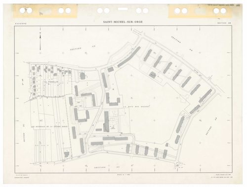 SAINT-MICHEL-SUR-ORGE, plans minutes de conservation : tableau d'assemblage,1986, Ech. 1/5000 ; plans des sections AA, AB, AC, AD, AE, AH, AI, AK, AL, AM, AN, AO, AP, AR, AS, AT, AV, AW, 1986, Ech. 1/1000. Polyester. N et B. Dim. 105 x 80 cm [19 plans]. 