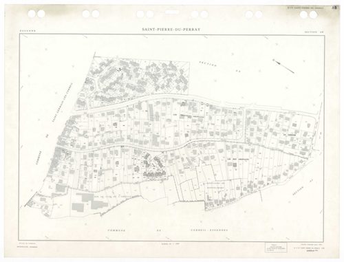 SAINT-PIERRE-DU-PERRAY, plans minutes de conservation : tableau d'assemblage,1938, Ech. 1/5000 ; plans des sections A4, A5, B1, B2, B3, 1934, Ech. 1/2500, sections ZA, ZC, ZD, ZE, 1956, Ech. 1/2000, sections AK, AL, AM, AN, 1992, Ech. 1/1000, sections AA,